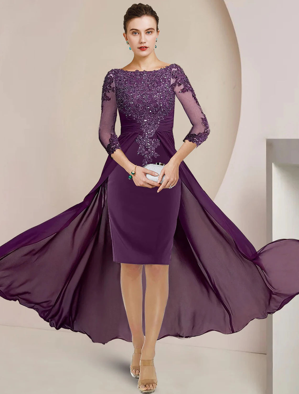 Sheath / Column Mother of the Bride Dress Elegant Scoop Neck Knee Length Chiffon Lace 3/4 Length Sleeve with Beading Sequin Appliques 2023